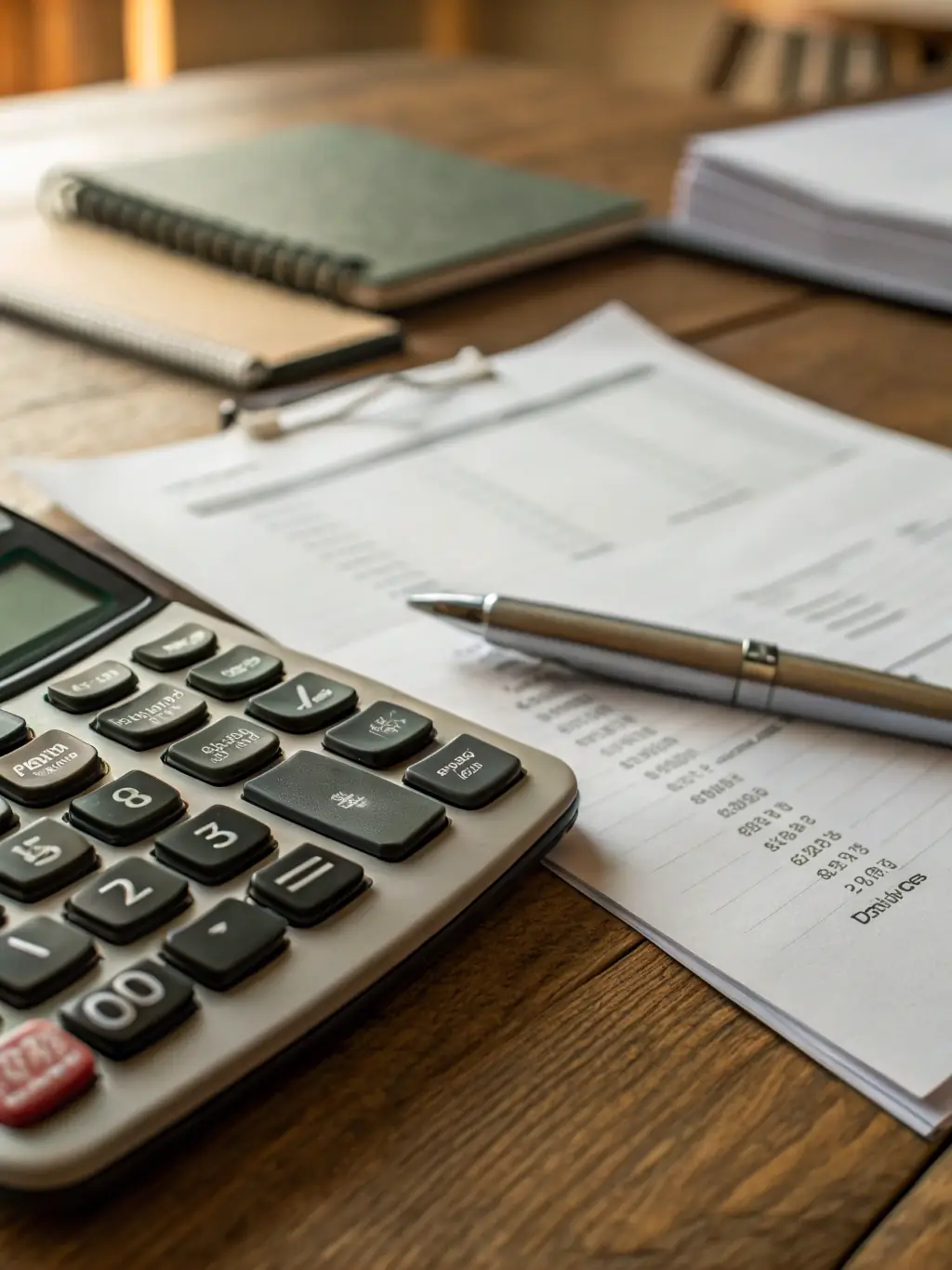 A close-up shot of neatly organized financial ledgers and a calculator, symbolizing EMUTAX's bookkeeping and BAS services.