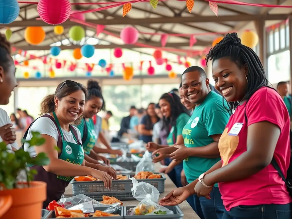 A diverse group of volunteers are working together at a fundraising event for a non-profit organization, with donation boxes and promotional materials visible.