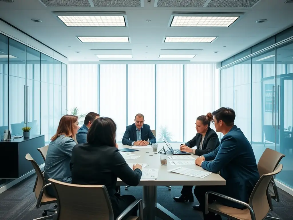 A diverse group of business professionals collaborating on financial strategies, symbolizing the comprehensive and tailored approach EMUTAX PTY LTD takes in providing tax planning and advisory services.