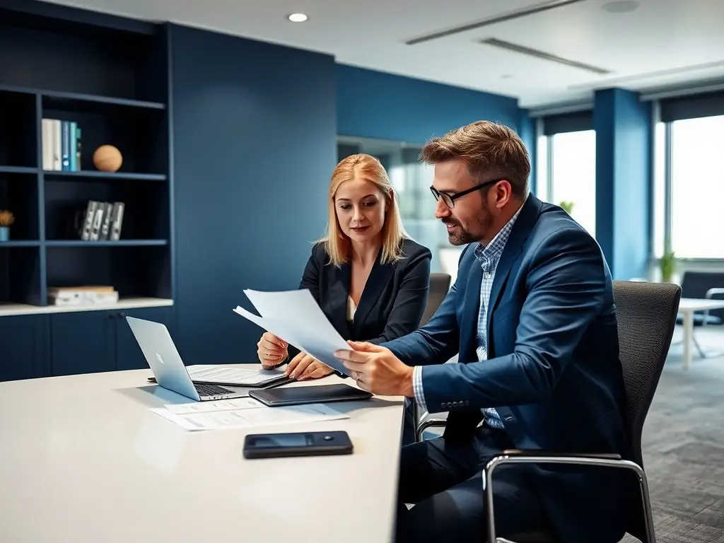 A professional accountant in a modern office setting, reviewing financial documents and discussing tax strategies with a client, emphasizing a collaborative and forward-thinking approach to tax planning.
