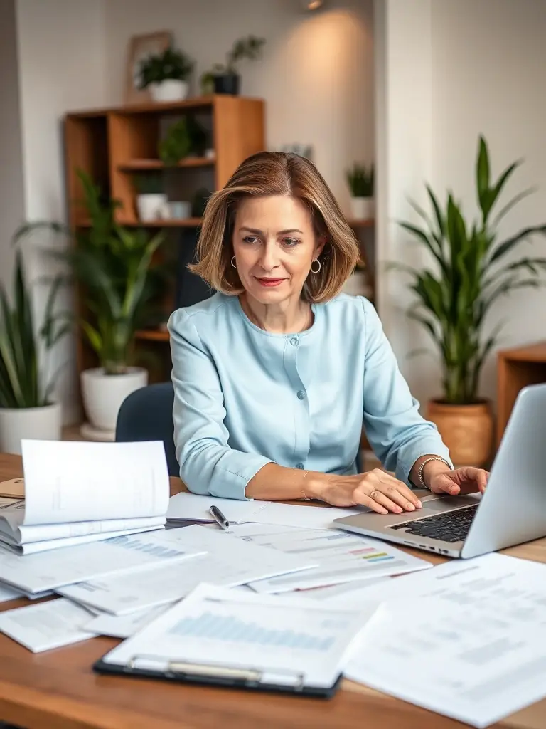 A professional accountant reviewing financial documents in a modern office setting, representing EMUTAX's expertise in individual tax returns.