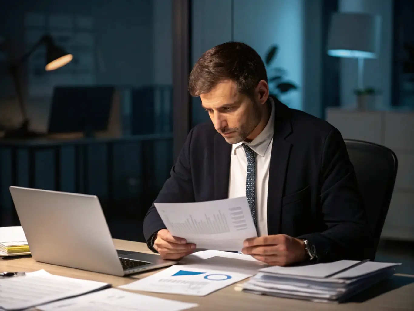 A professional auditor reviewing financial documents and compliance reports, ensuring adherence to industry regulations for a wholesale trade business.