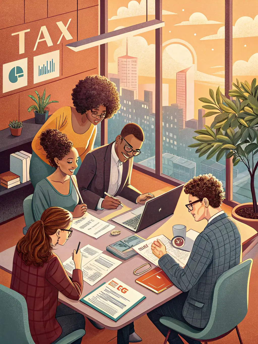 A diverse group of professionals collaborating in a modern office, symbolizing comprehensive tax solutions for various industries.